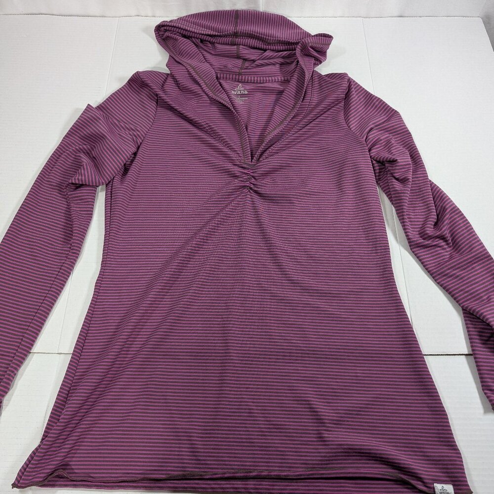 Prana long sleeve pull over hoodie size large  Purple and black stripes